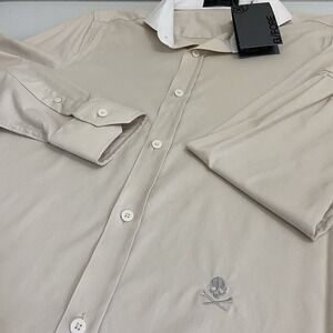 G/FORE Long Sleeve Dress Shirt Button Front Skull Tee G4 Men's Golf Size S Stone